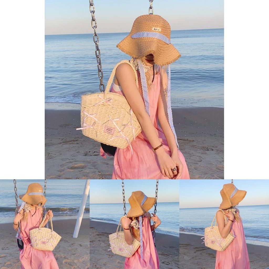 Einfache Rosa Schleife Dekoration Damen Lässige Grasgewebte Handtasche Für Den Täglichen Gebrauch Und Strandausflüge