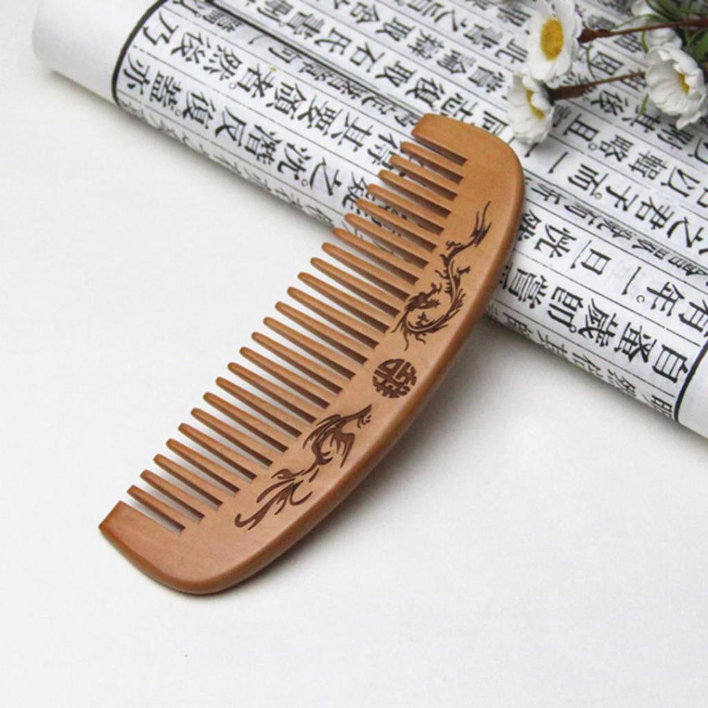 Dragon Phoenix Engraved Peach Wood Healthy Massage Anti-Static Hair Care Comb