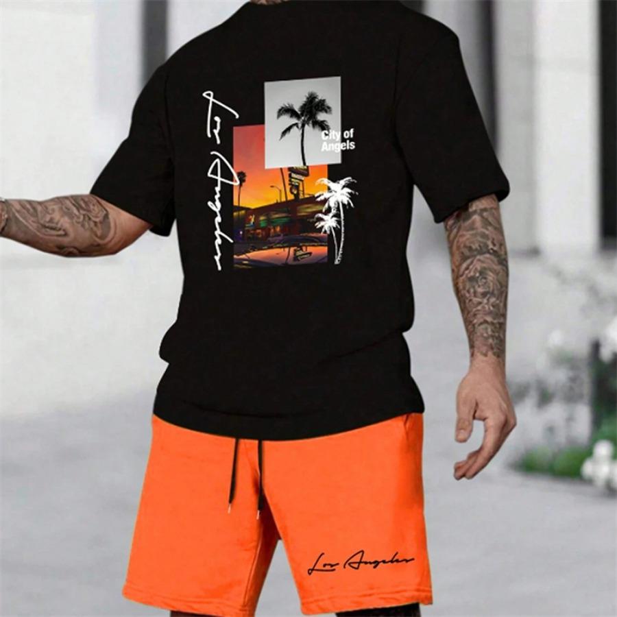 2025 Summer New Men's Short Sleeve Palm Tree Print Two Piece Drawstring Shorts Set Fashion Men's Vacation Beach Casual Suit