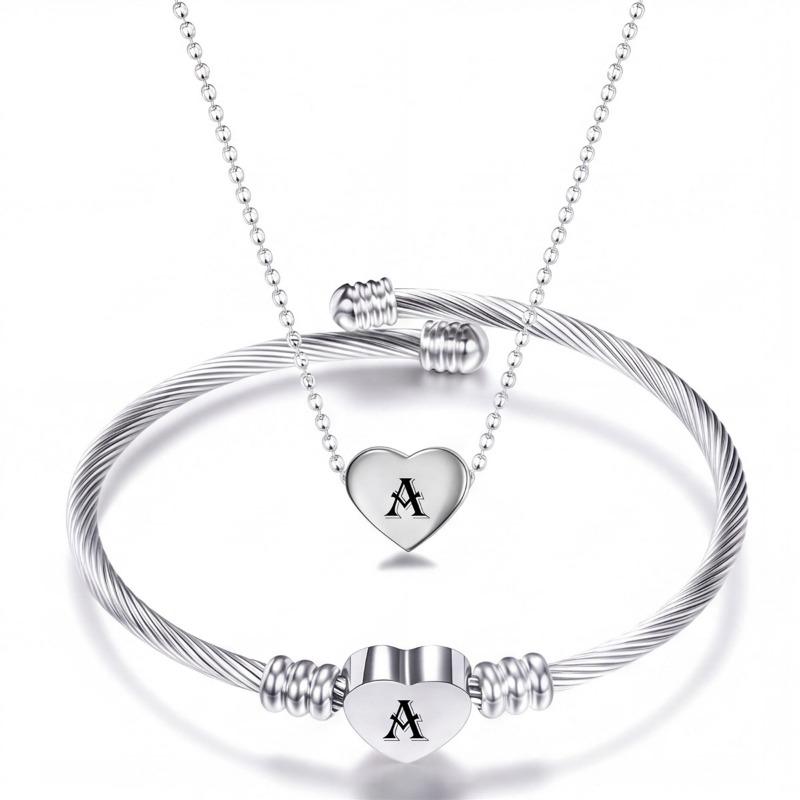 Diy 26 Letters Fadeless Stainless Steel Heart Pendant Necklace Bracelet Set For Women