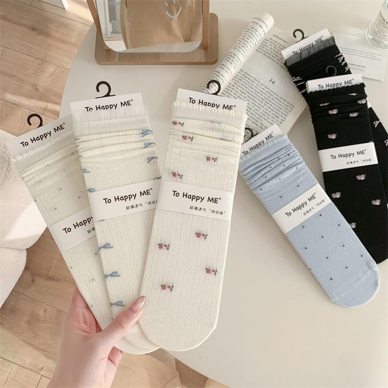 Female Spring and Summer Thin Floral Bow Lace Polka Dot Boneless Tube Pile Socks