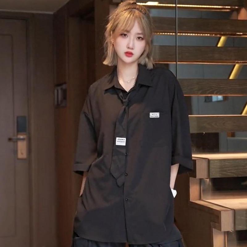 Girl's White with Tie Shirt Summer Loose Preppy Style Turn Down Collar Blouse Couple Short Sleeved Casual Tops