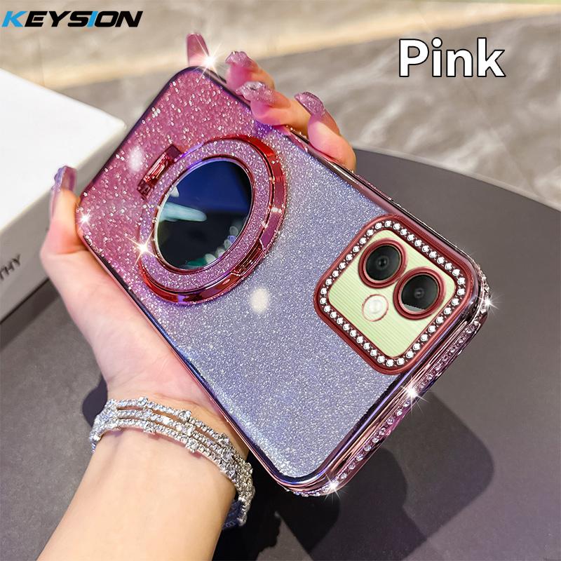 KEYSION Luxury Glitter Jewelled Magnetic Phone Case for Samsung Galaxy A07 A06 A05 A04 Makeup Mirror Stand Shockproof Back Cover