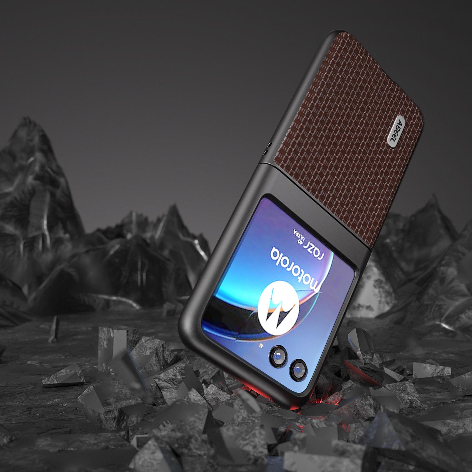 

ABEEL For Motorola Razr 40 Ultra 5G Anti-scratch Phone Case Cowhide Leather+Hard PC Phone Cover Coffee