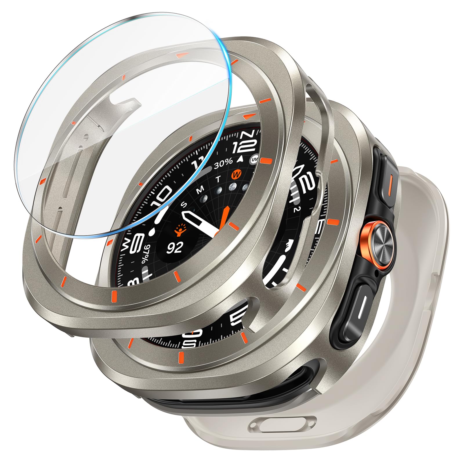 Металлический корпус + Защитная пленка из закаленного стекла для Samsung Galaxy Watch Ultra 2024/2025 47 мм Жесткий защитный чехол для аксессуаров Galaxy Watch Ultra Ultra 47mm 2025/2024 оранжевый/светло-серый