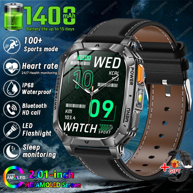 New 1400 mAh Battery Military Smartwatch Men IP68 Waterproof Flashlight Health Monitor Sports Call Smart Watch For iOS Android