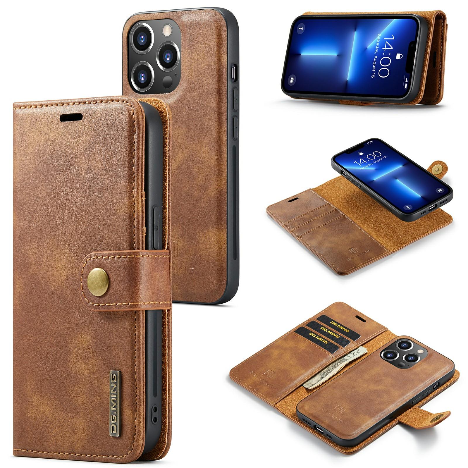 

DG.MING For iPhone 15 Pro Phone Case Shockproof Split Leather Detachable Magnetic Phone Shell Wallet Stand Cover Brown