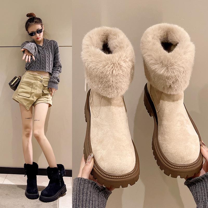 Women's Furry Snow Boots with Side Zipper and Thick Sole