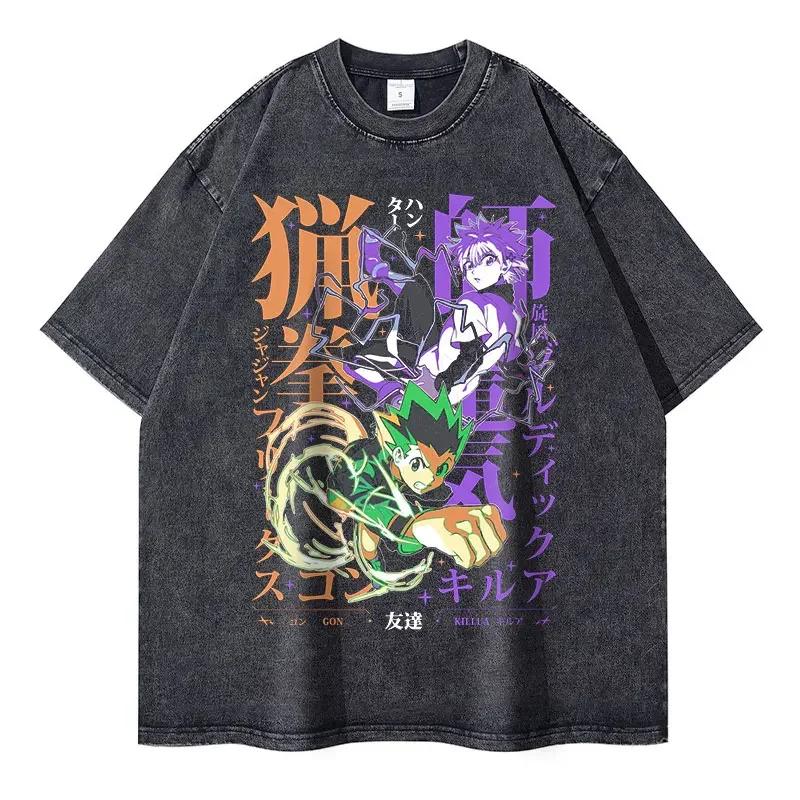 Vintage Washed Anime Hunter X Hunter T-Shirt Men's and Women's  Cotton Comfortable Fit Tee Casual Streetwear Summer