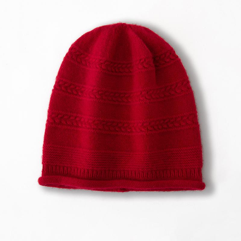 Women 100% Pure Cashmere Beanie Hat Wheat Ear Knit Pattern Winter Warm Soft Slouchy Skullies Cap Cold Weather Accessory