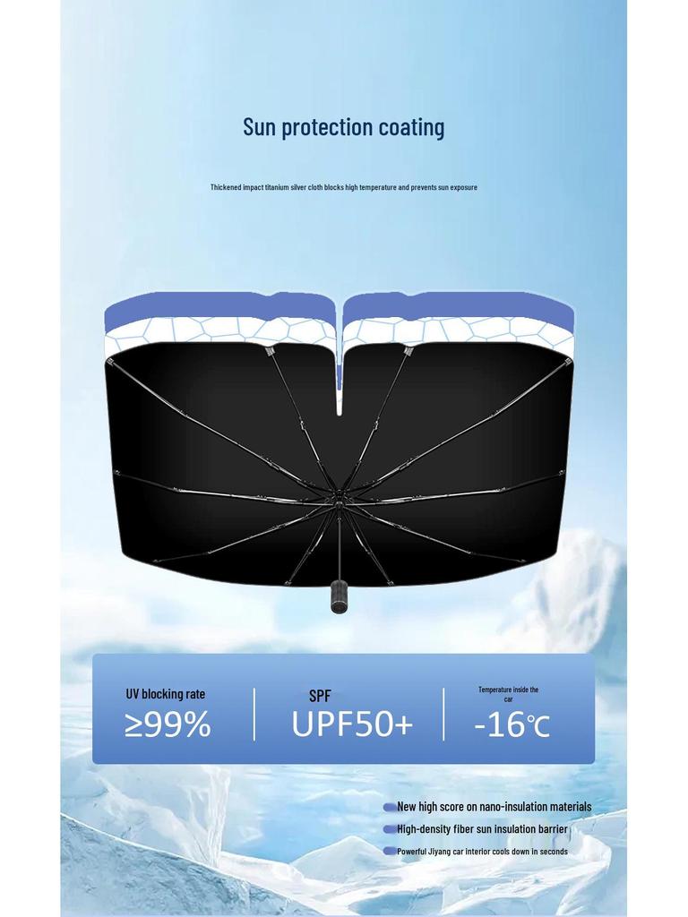 Full Bend Handle Front Windshield Sunshade: Umbrella-Style, Heat-Insulating Sun Protection with Pull Rope