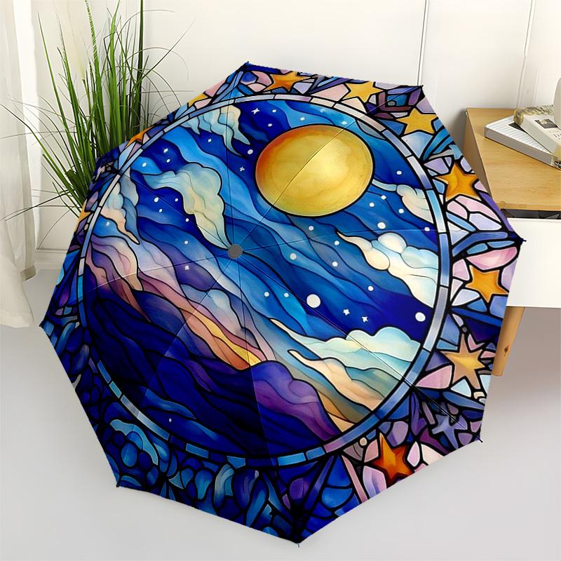 1 Stück Buntglas Nachthimmel Automatischer Faltregenschirm - Tragbares 3-fach faltbares Design mit Eisenrahmen, Perfekt für den Außenbereich, Festliche Geschenke, Reisen, Täglichen Gebrauch,