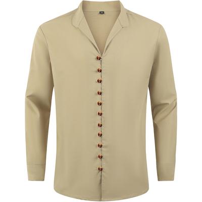 Men Stand Collar Button Up White Black Blue Solid Long Sleeve Shirt Vintage Cotton Plus Size Tops