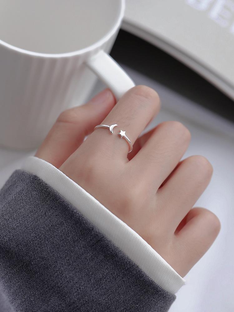 925 Silver-Plated Star and Moon Open Ring: Elegant Summer Design for Women