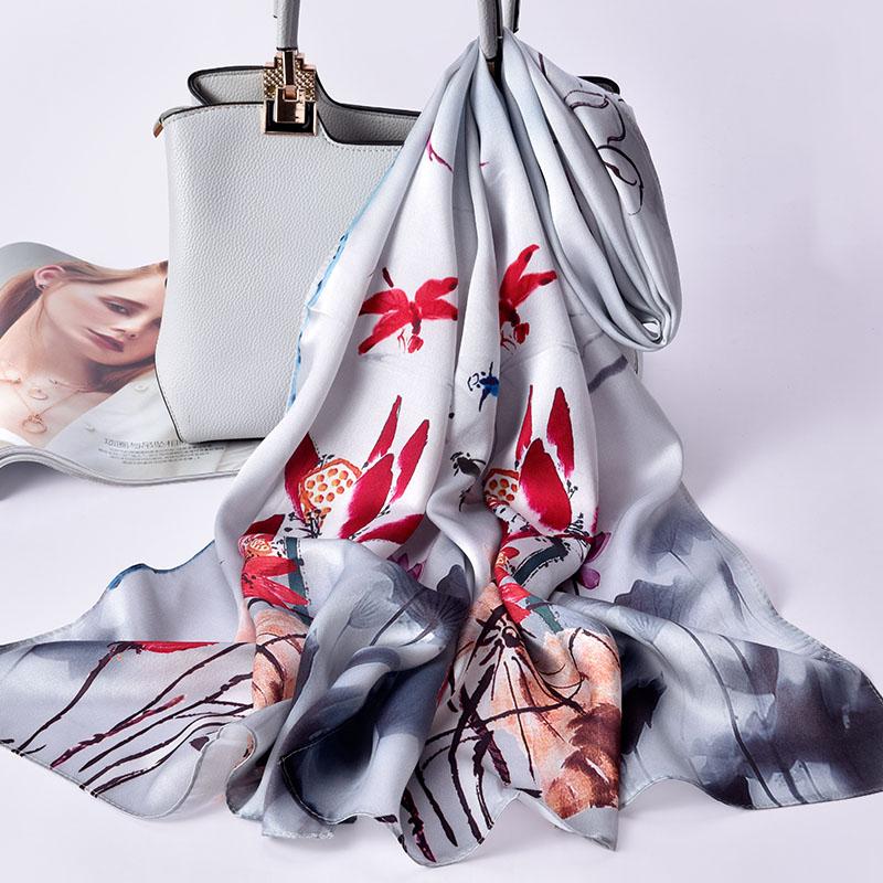 Women 100% Real Silk Long Scarf Luxury Flower Print Chinese Silk Headband Scarves  Natural Silk Shawls Wraps Foulard Femme