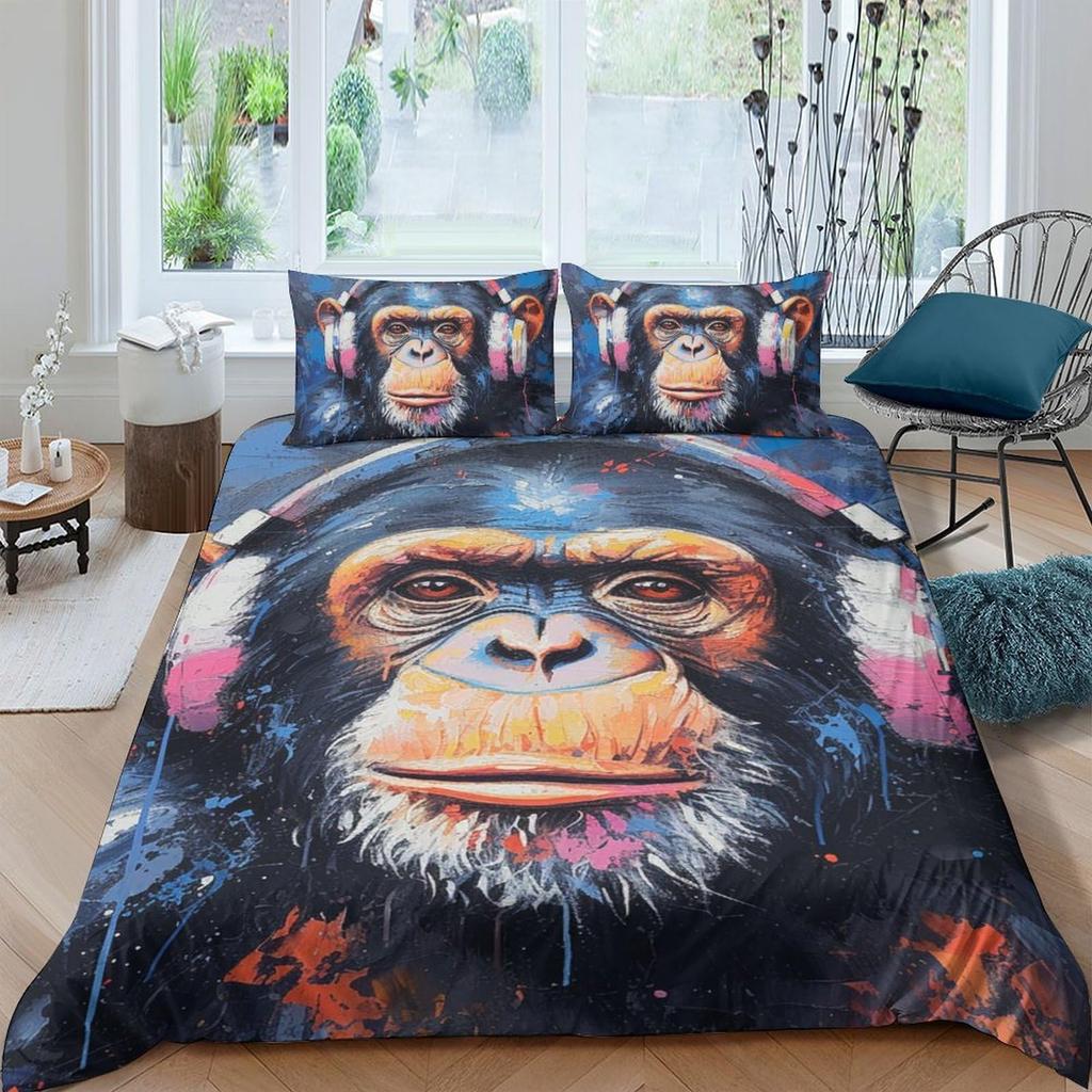 3D Gorilla Bettbezug Kopfhörer Gorilla Bettwäscheset Wildtiermuster Bettdeckenbezug Aquarell Blau Polyester Steppdeckenbezug