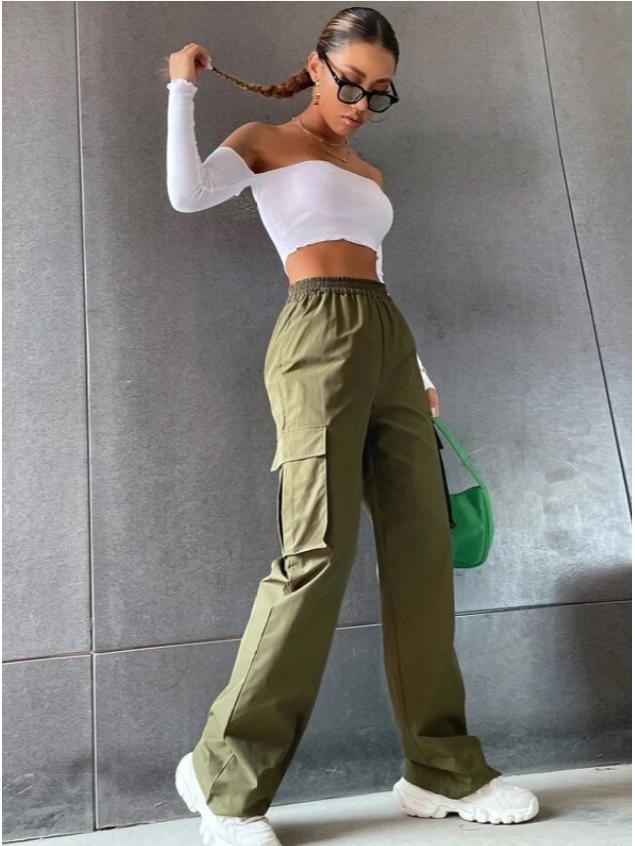 2024 Elastic Waist Women's Cargo Pants - Solid Color, Spring/Summer Fashion, Flap Pockets, In Stock