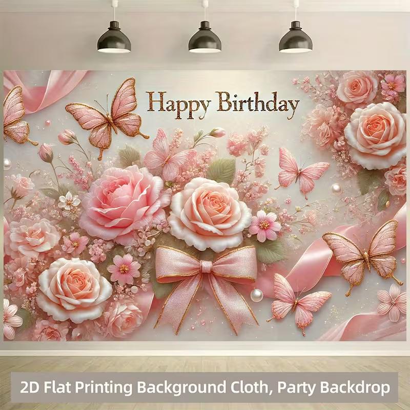 

2D Happy Birthday Backdrop with Pink Roses, Butterflies & Gold Bows 47.2x31.5inch/120*80cm