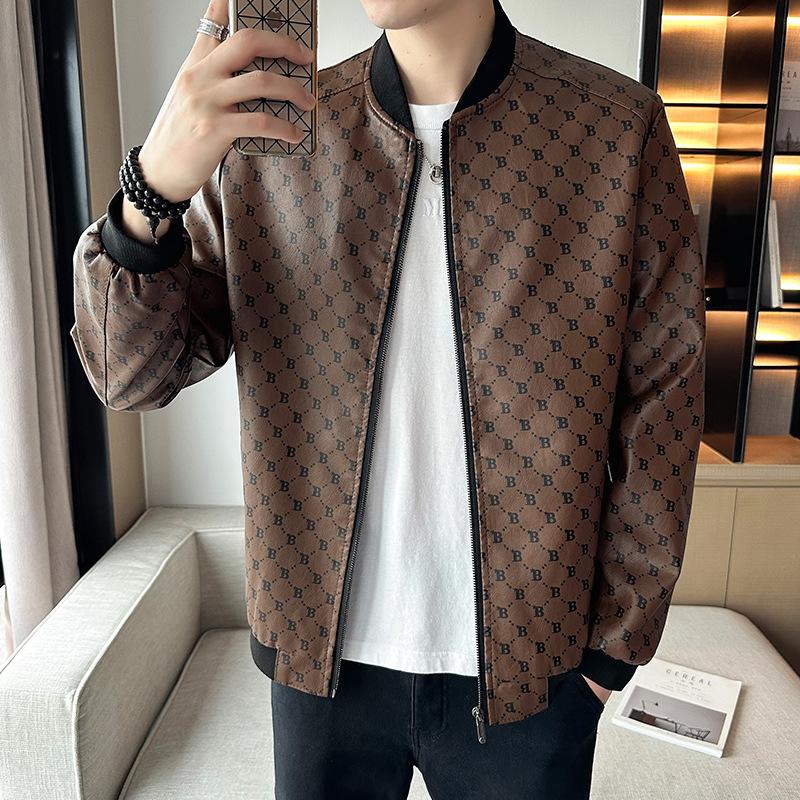 Lederjacke Herren Frühling Herbst Winter Trend Hübsche und übergroße Plüsch Baseball Kragen Bedruckte Lederjacke Motorradjacke