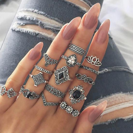 15Pcs/Set Women Hollow Lotus Sunflower Geometric Faux Gem Stacking Finger Ring