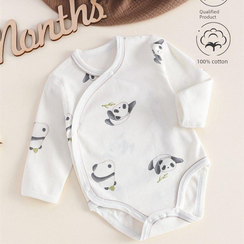 

Newborn Clothes, Class a Pure Cotton Baby Long-Sleeve Romper, Spring and Autumn National Style Base Layer Underwear, Triangle One-Piece Crawling Suit Panda Pattern 66