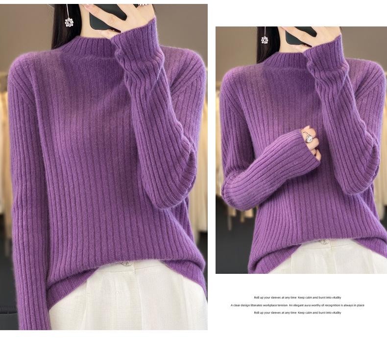 2024 Autumn/Winter Women's Pure Wool Half-High Collar Ribbed Sweater - Slim, Versatile, and Loose-Fitting Knit Top
