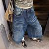 American retro washed old denim shorts summer men and women loose and versatile and thin straight wide-leg cropped pants tide