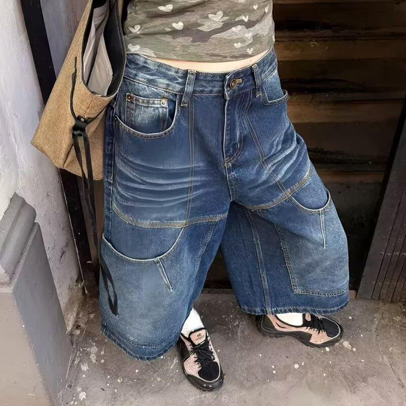 American retro washed old denim shorts summer men and women loose and versatile and thin straight wide-leg cropped pants tide