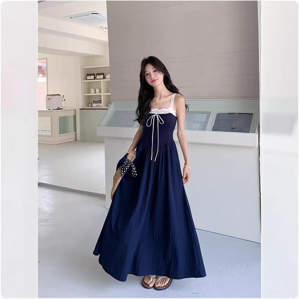 

Navy Blue Chic Hepburn-Style Maxi Dress with Camisole for Women - Summer Fashion L