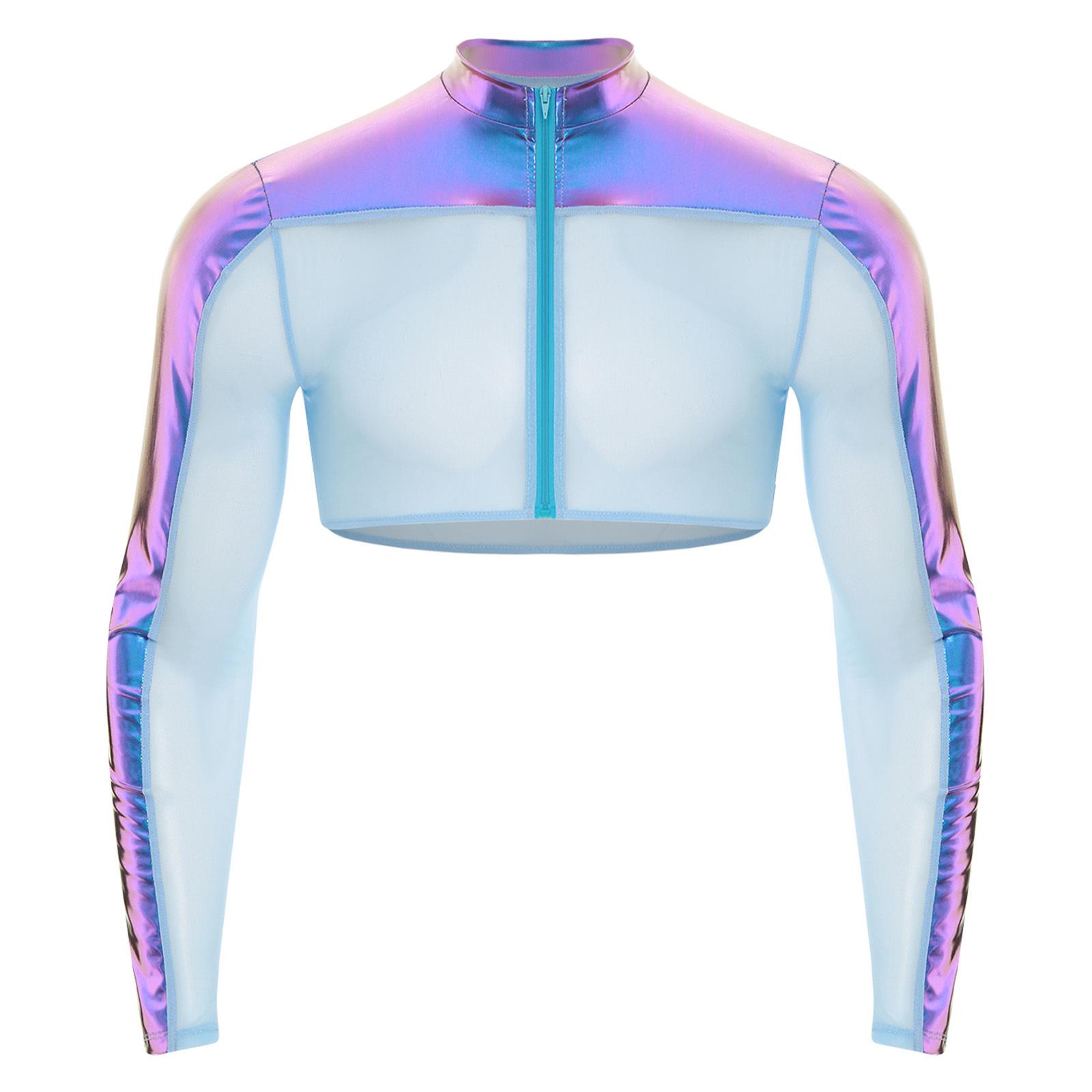 

Мужской сетчатый прозрачный топ с круглым вырезом и длинным рукавом, полумайка на молнии спереди, дышащий металлизированный клубный топ S синий