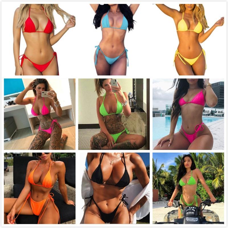 Summer Women Girls Bikini Set Swimwear Pushup Bandage Beachwear Solid Swimsuit