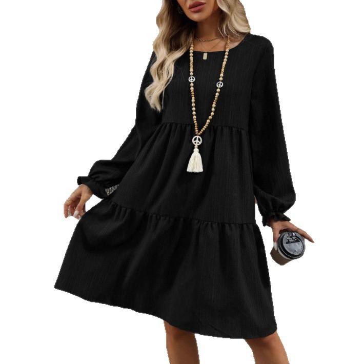Autumn and winter women's clothing, fashionable and casual solid color long-sleeved crew neck loose dress