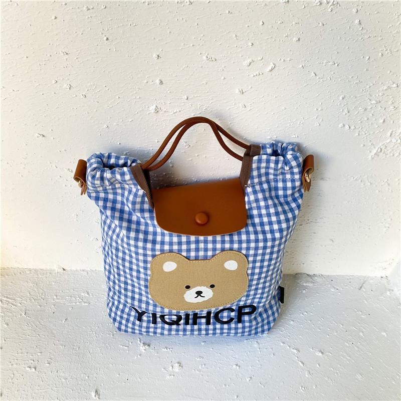 Adorable Kids Bear Pattern Gingham Tote Bag Stylish Springtime Crossbody For Girls