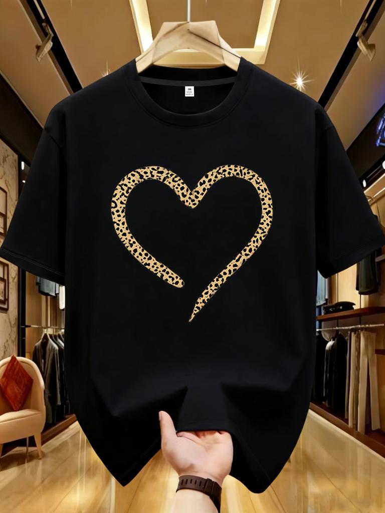 Yj00043leopard Print Heart Plus Size Unisexs Round Neck Short Sleeve Tshirt With Elastic Half Sleeves And Trendy Prints