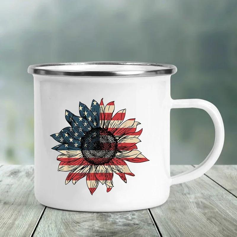 Sunflower Love Star Printed Enamel Mug Creative Coffee July 4th Party Cups Drink Dessert Milk Cup Handle Mugs 4th of July Gifts 360ml
