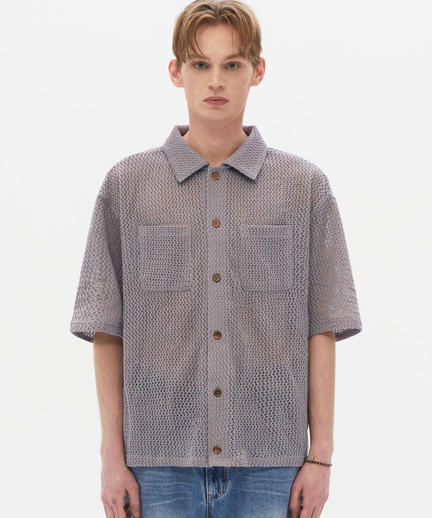 TRILLION Oversized Crochet Net Collar Short Sleeve Knit (Lavender)
