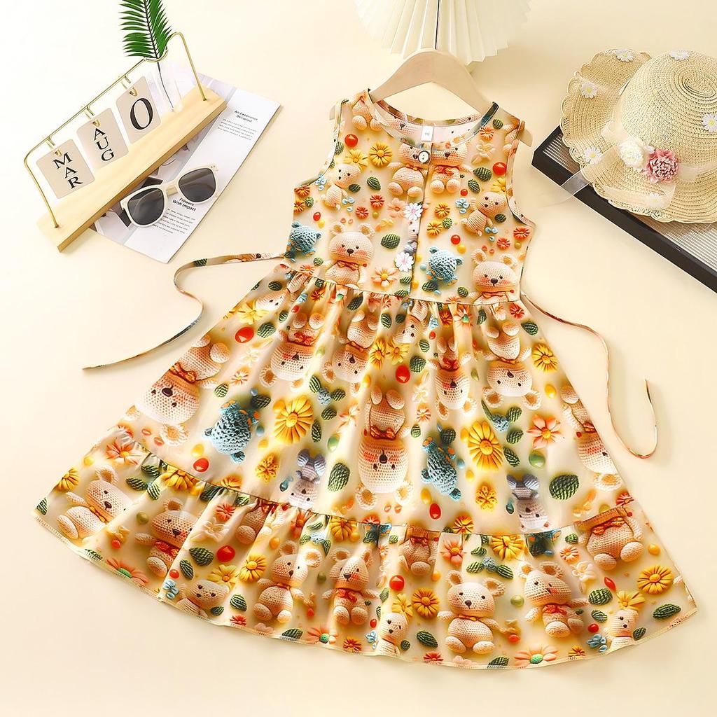 3D Floral Princess Strappy Midi Dress for Girls - Summer Beach Style