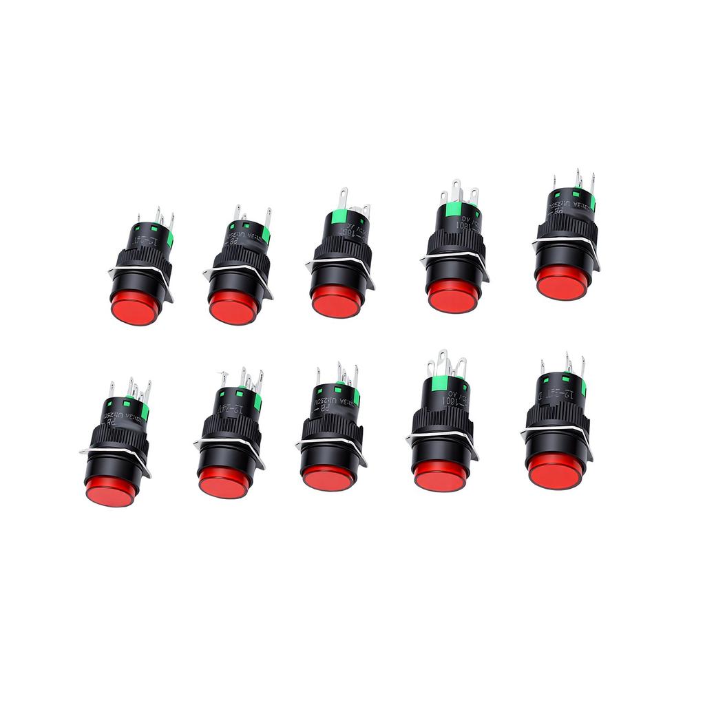 10PCS Round Illuminated Push Button Switch 16mm 5Pin Green Reset Button Control Switch with LED Indicator