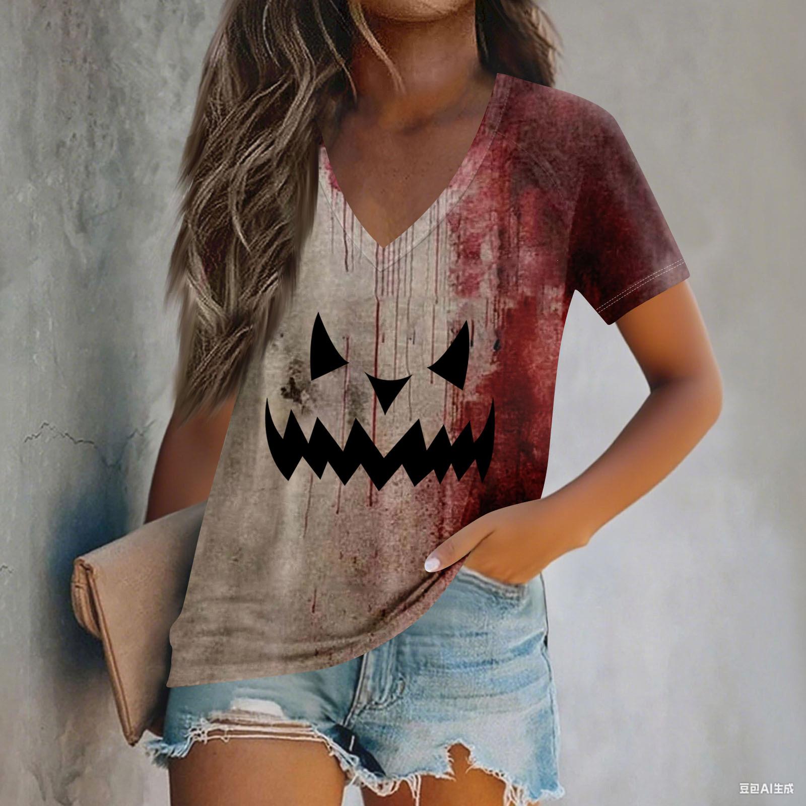 

Women s Fashion Casual Long Sleeve Halloween Printed V-Neck Top S