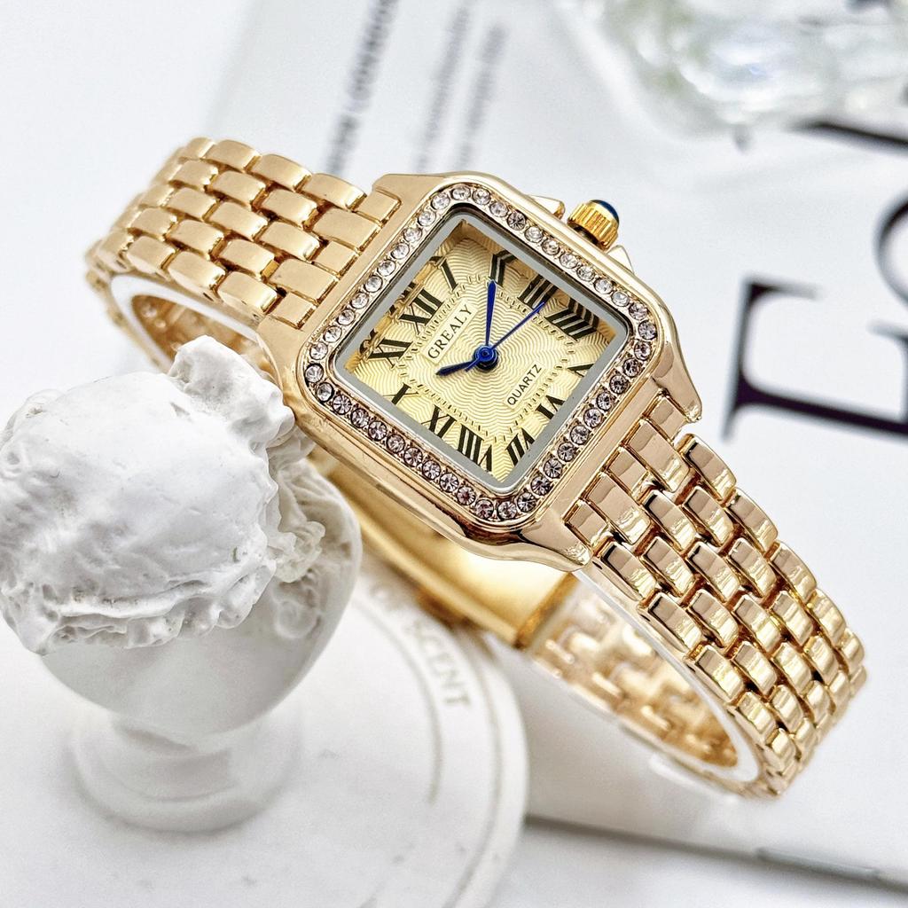 GREALY Women's Classic Retro Square Waterproof Diamond Quartz Watch