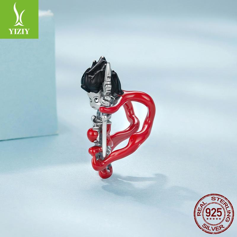 S925 Sterling Silver Nezha Bracelet Beaded National Tide Style Animation Diy Beads Loose Bead Jewelry Accessories