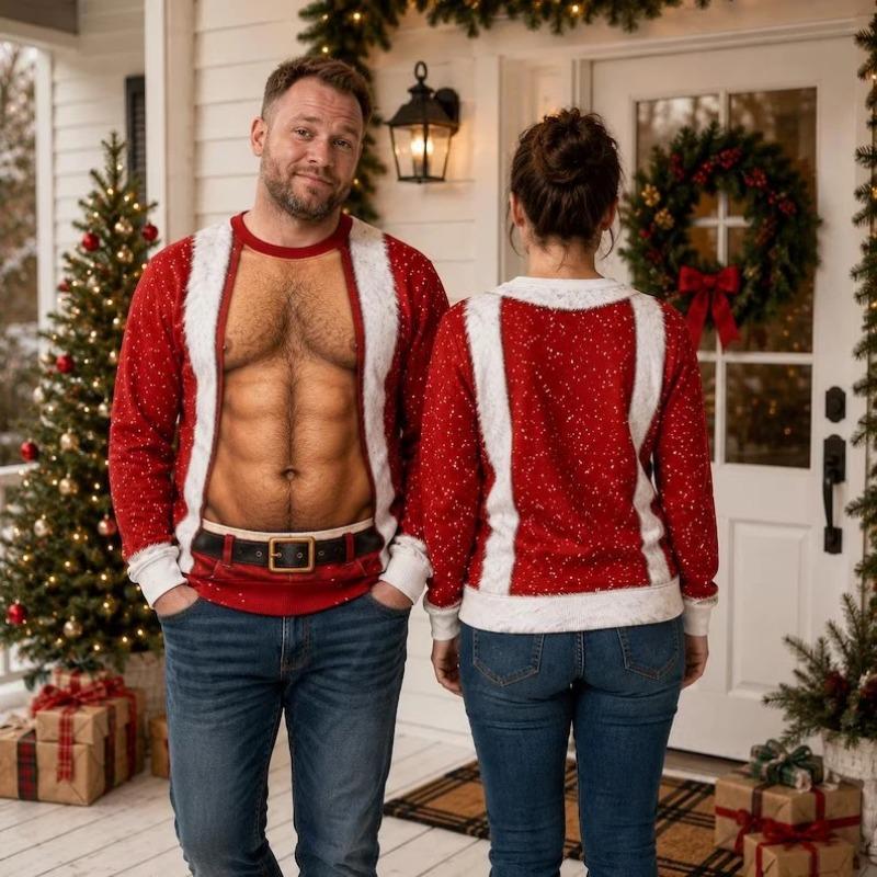 2026 Neues Santa haarige Brust Tattoo 3D Illusion Weihnachten Sweatshirt Neuheit Anzug-Imitation Grafik Pullover Unisex Lustige Party Oberteile