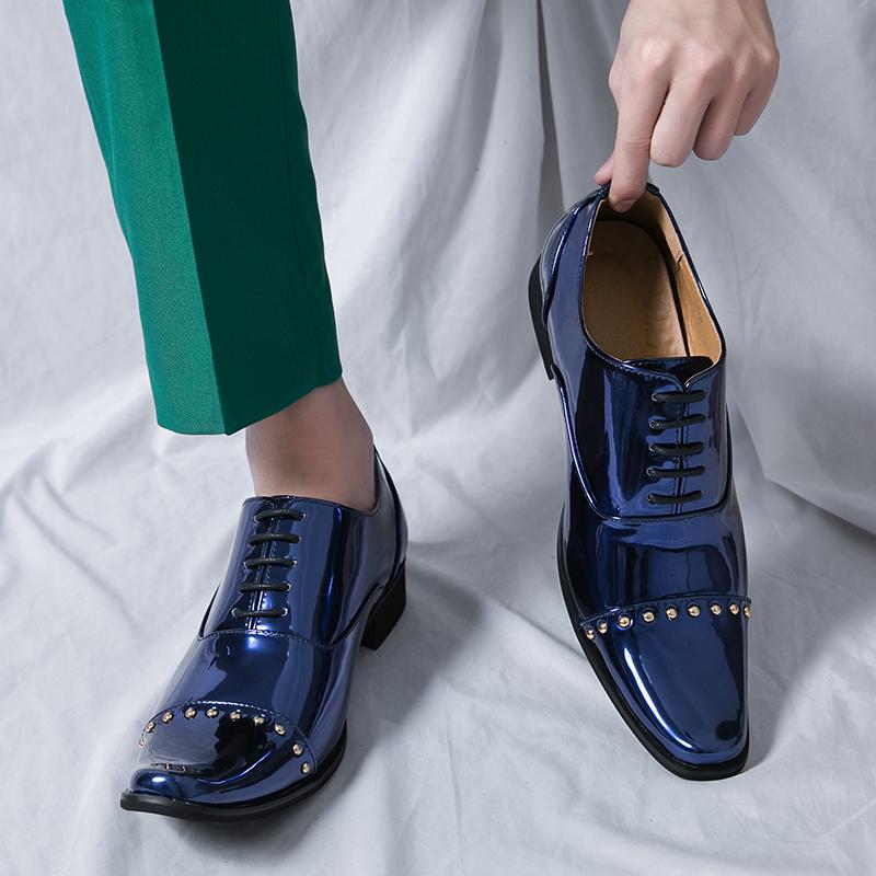Korean Version Gold Blue Banquet Dance Wedding Shoes Italian Style High Heel Party Men Shoe Genuine Leather Lace Up Oxford Shoes