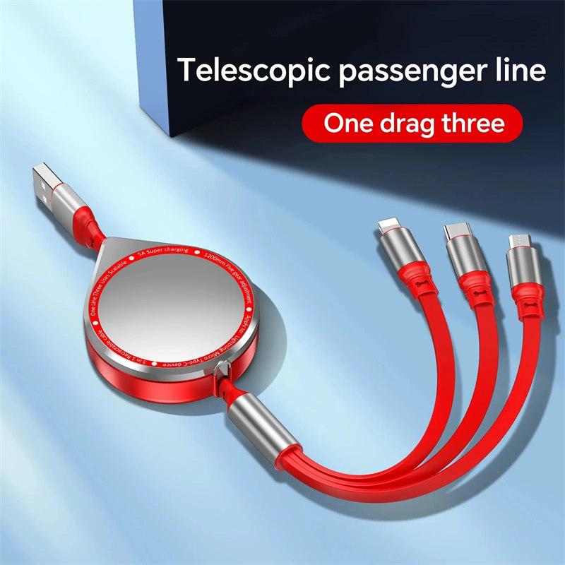 3 In 1 Multi Retractable USB Phone 5A Fast Charging and Data Cable for Iphone/Android/Type-C