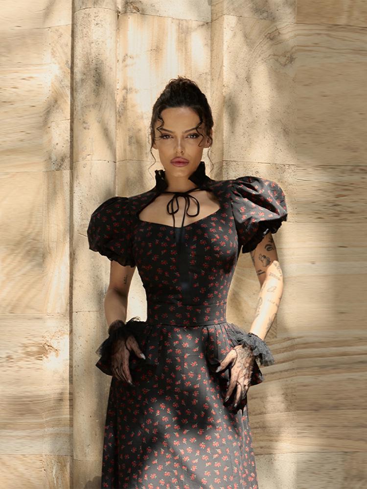 Autumn 2026 Women's Puff Sleeve Polka Dot Slim Fit Long Dress with Detachable Hem