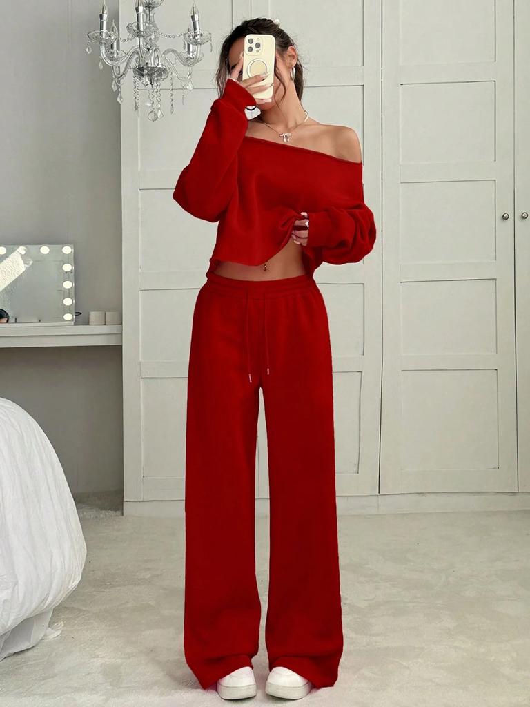 2025 European and American cross-border independent station new women's autumn and winter casual loose round neck long-sleeved sweater trousers suit 