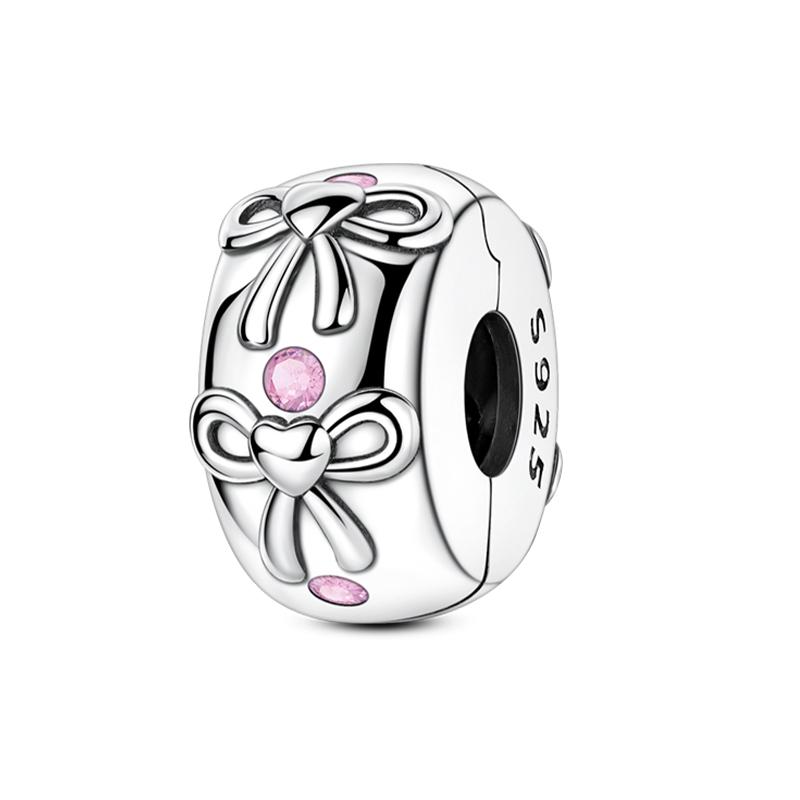 Copper Bow Charms Copper Pink Heart-Shaped Bow Pendants Charms Beads Fit Original Bangle Bracelets Diy Jewelry