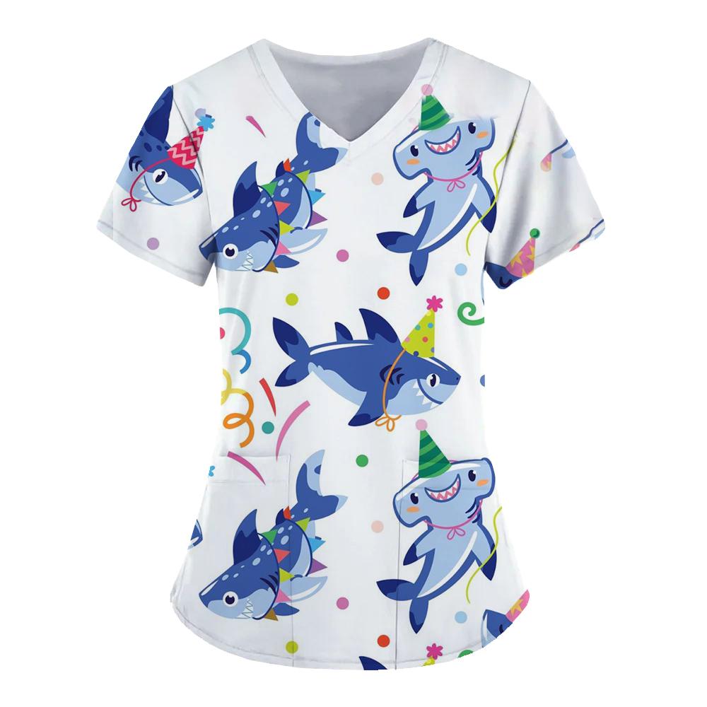 Marine life patterns Healthcare Uniform Nurse Clinic Nursing Workwear Hospital T-shirt Fashion Short Sleeve Blouse Women Medical