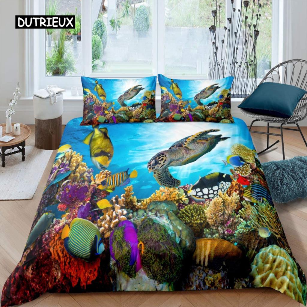 Sea Turtle Duvet Cover Sea Turtle Jellyfish Coral Reef Bedding Set Microfiber Blue Ocean Underwater World Queen King Quilt Cover