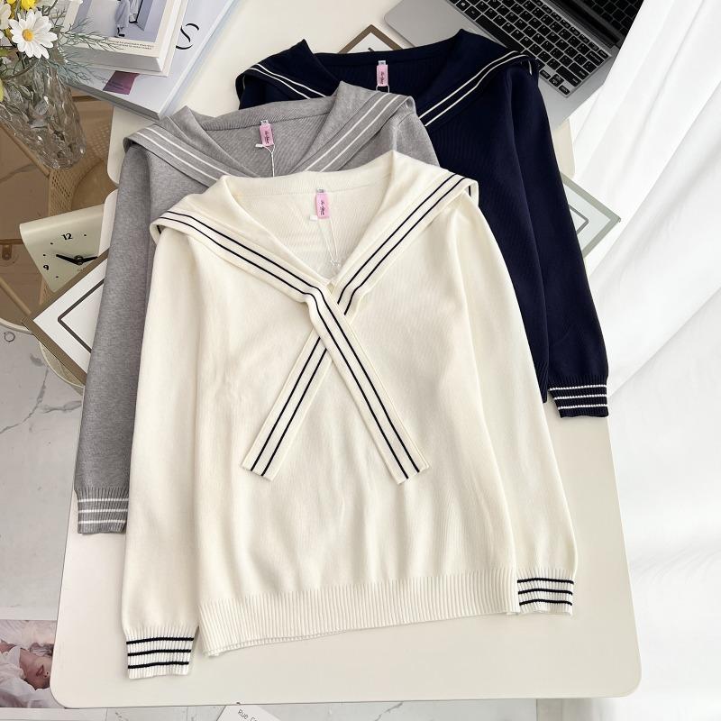 Plus Size Women Ribbon Sailor Collar Long Sleeve Knit Sweater